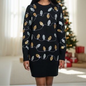 TIPSY ELVES SMALL WOMEN'S CHRISTMAS LIGHT STRAND SEQUIN SWEATER DRESS BLACK KNIT
